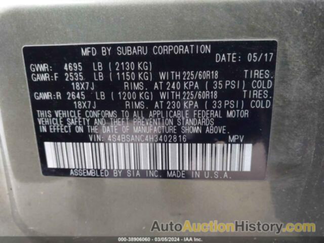 SUBARU OUTBACK 2.5I LIMITED, 4S4BSANC4H3402816