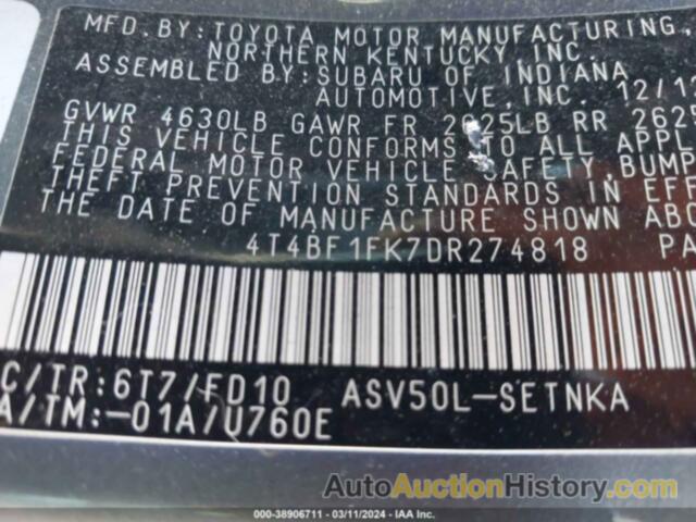 TOYOTA CAMRY LE, 4T4BF1FK7DR274818