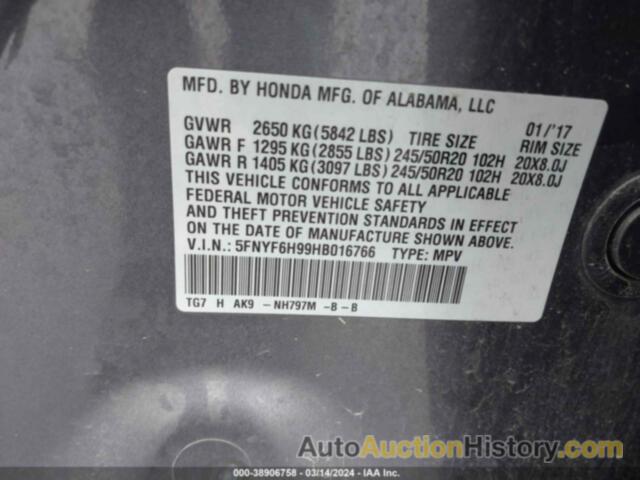 HONDA PILOT TOURING, 5FNYF6H99HB016766