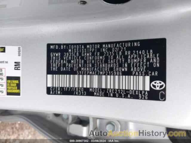 TOYOTA COROLLA LE, 5YFEPMAE7MP215986