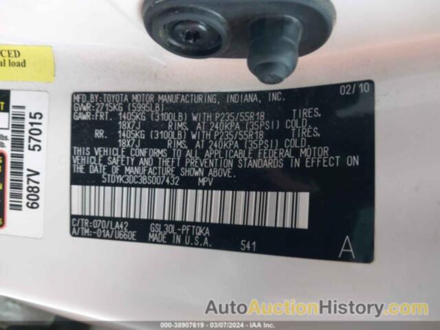 TOYOTA SIENNA LIMITED V6, 5TDYK3DC3BS007432