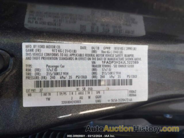 FORD FOCUS SEL, 1FADP3H24JL322389