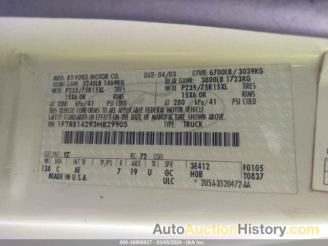 FORD E-150 COMMERCIAL, 1FTRE14293HB29905