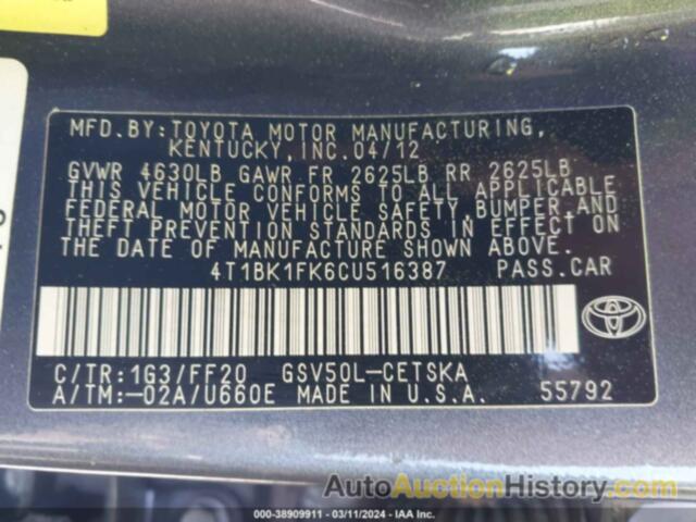 TOYOTA CAMRY SE V6, 4T1BK1FK6CU516387