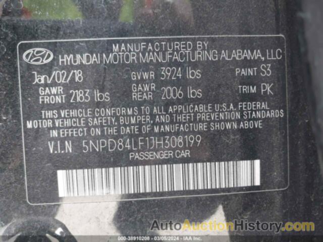 HYUNDAI ELANTRA SEL, 5NPD84LF1JH308199