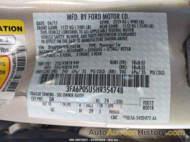 FORD FUSION ENERGI PLATINUM, 3FA6P0SU5HR354748