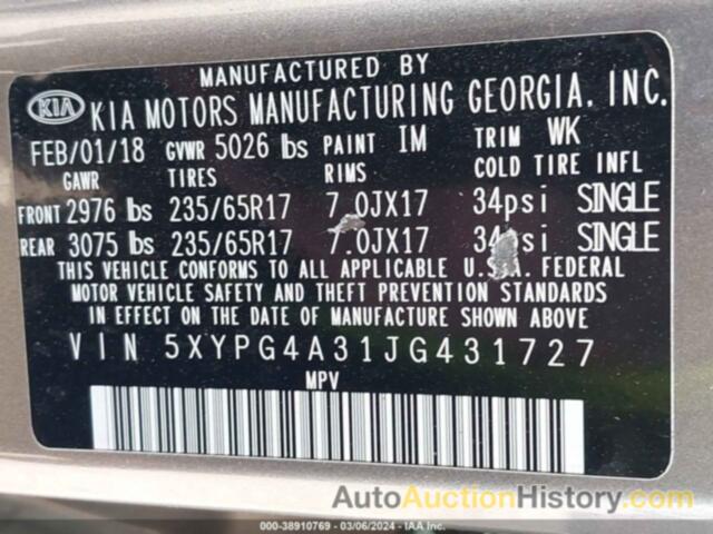 KIA SORENTO 2.4L L, 5XYPG4A31JG431727