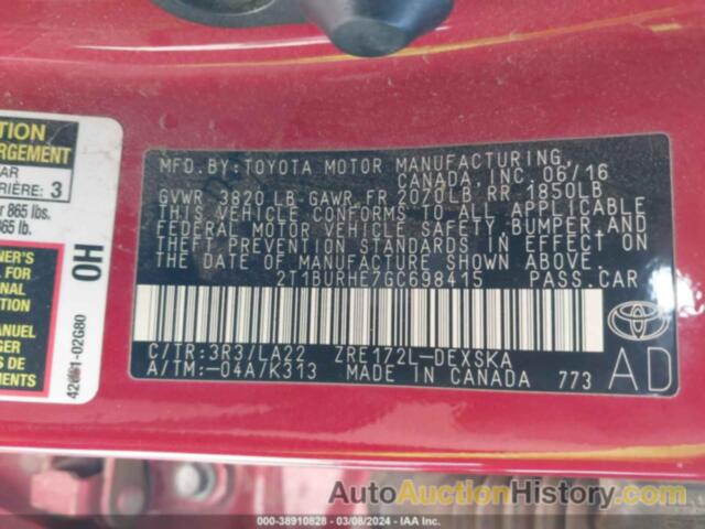 TOYOTA COROLLA S PREMIUM, 2T1BURHE7GC698415