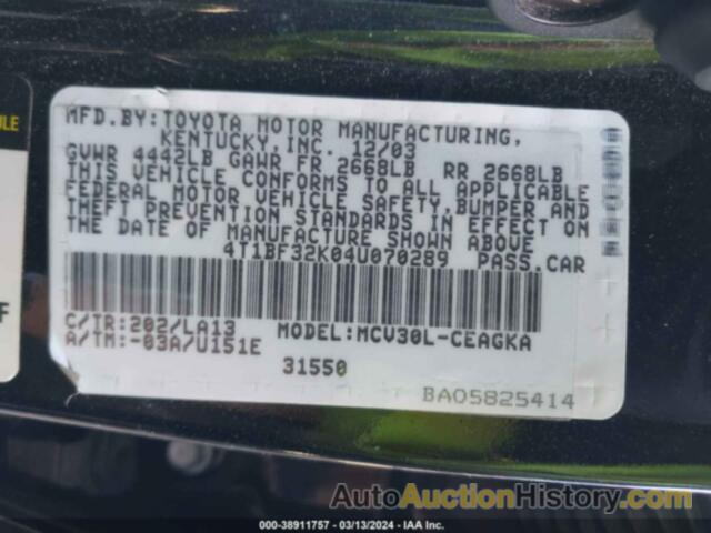 TOYOTA CAMRY XLE V6, 4T1BF32K04U070289