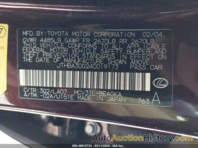 LEXUS ES 330, JTHBA30G240019173