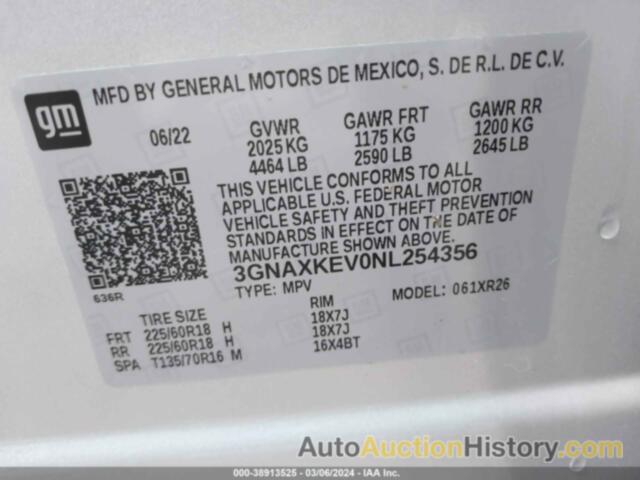 CHEVROLET EQUINOX FWD LT, 3GNAXKEV0NL254356