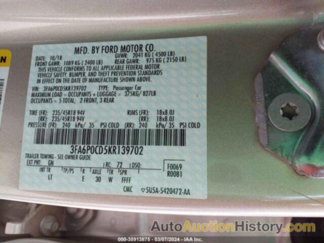 FORD FUSION SEL, 3FA6P0CD5KR139702