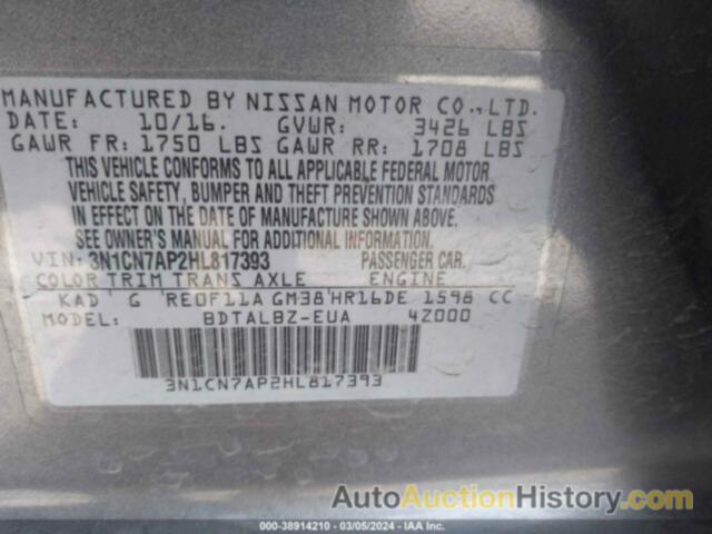 NISSAN VERSA 1.6 SV, 3N1CN7AP2HL817393