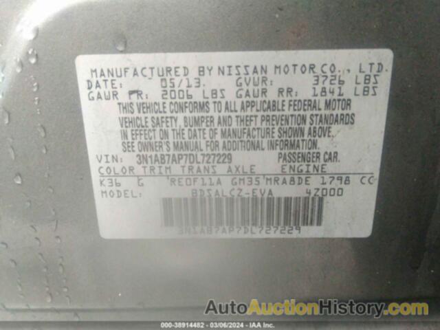 NISSAN SENTRA S, 3N1AB7AP7DL727229