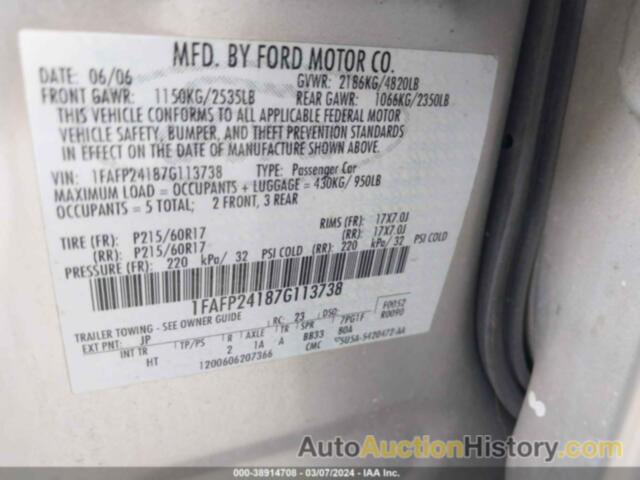 FORD FIVE HUNDRED SEL, 1FAFP24187G113738