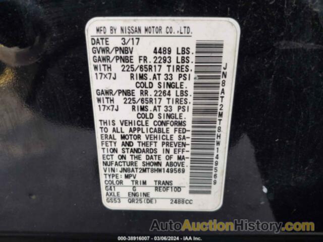 NISSAN ROGUE S, JN8AT2MT8HW149569