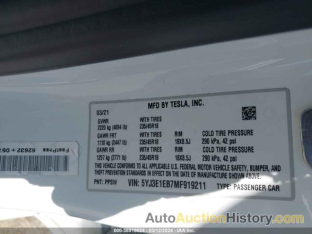 TESLA MODEL 3 LONG RANGE DUAL MOTOR ALL-WHEEL DRIVE, 5YJ3E1EB7MF919211