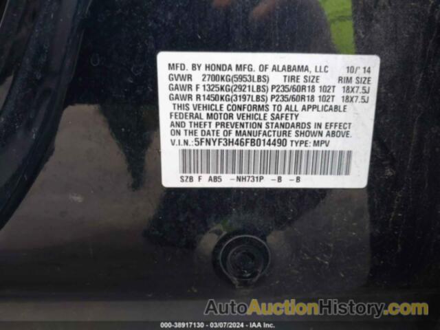 HONDA PILOT EX, 5FNYF3H46FB014490