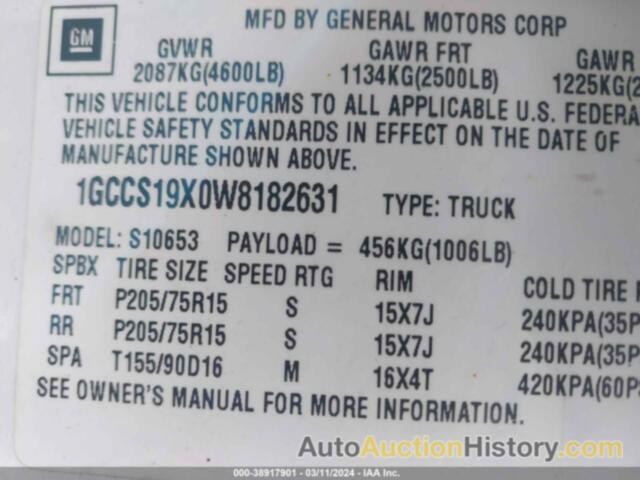 CHEVROLET S-10 LS FLEETSIDE CMI, 1GCCS19X0W8182631