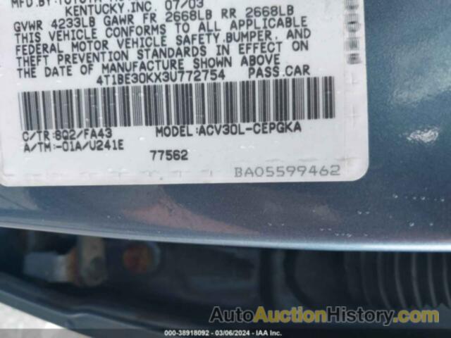 TOYOTA CAMRY XLE, 4T1BE30KX3U772754