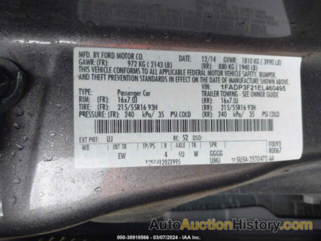 FORD FOCUS SE, 1FADP3F21EL460495