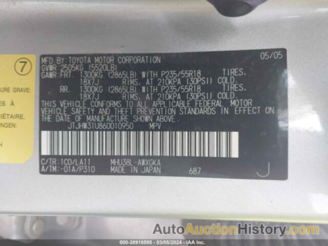 LEXUS RX 400H, JTJHW31U860010950