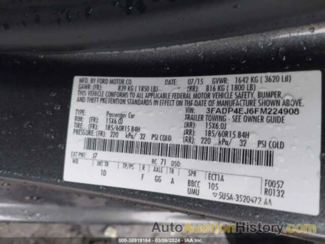 FORD FIESTA SE, 3FADP4EJ6FM224908