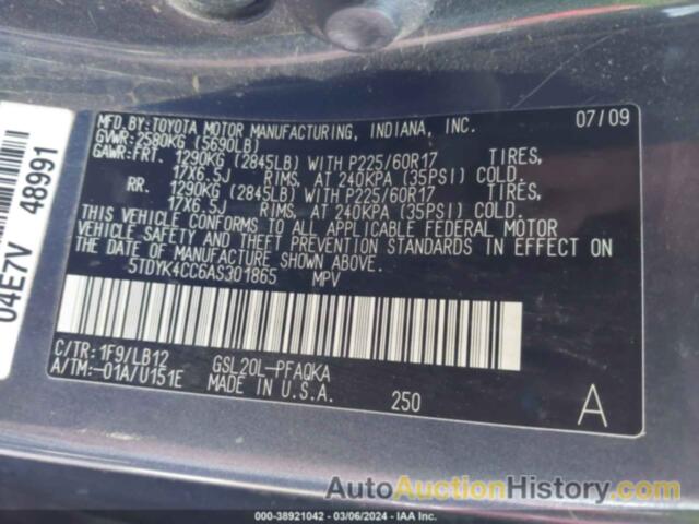 TOYOTA SIENNA XLE, 5TDYK4CC6AS301865