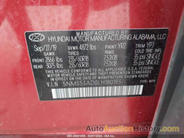 HYUNDAI SANTA FE LIMITED, 5NMS53AD0LH180193