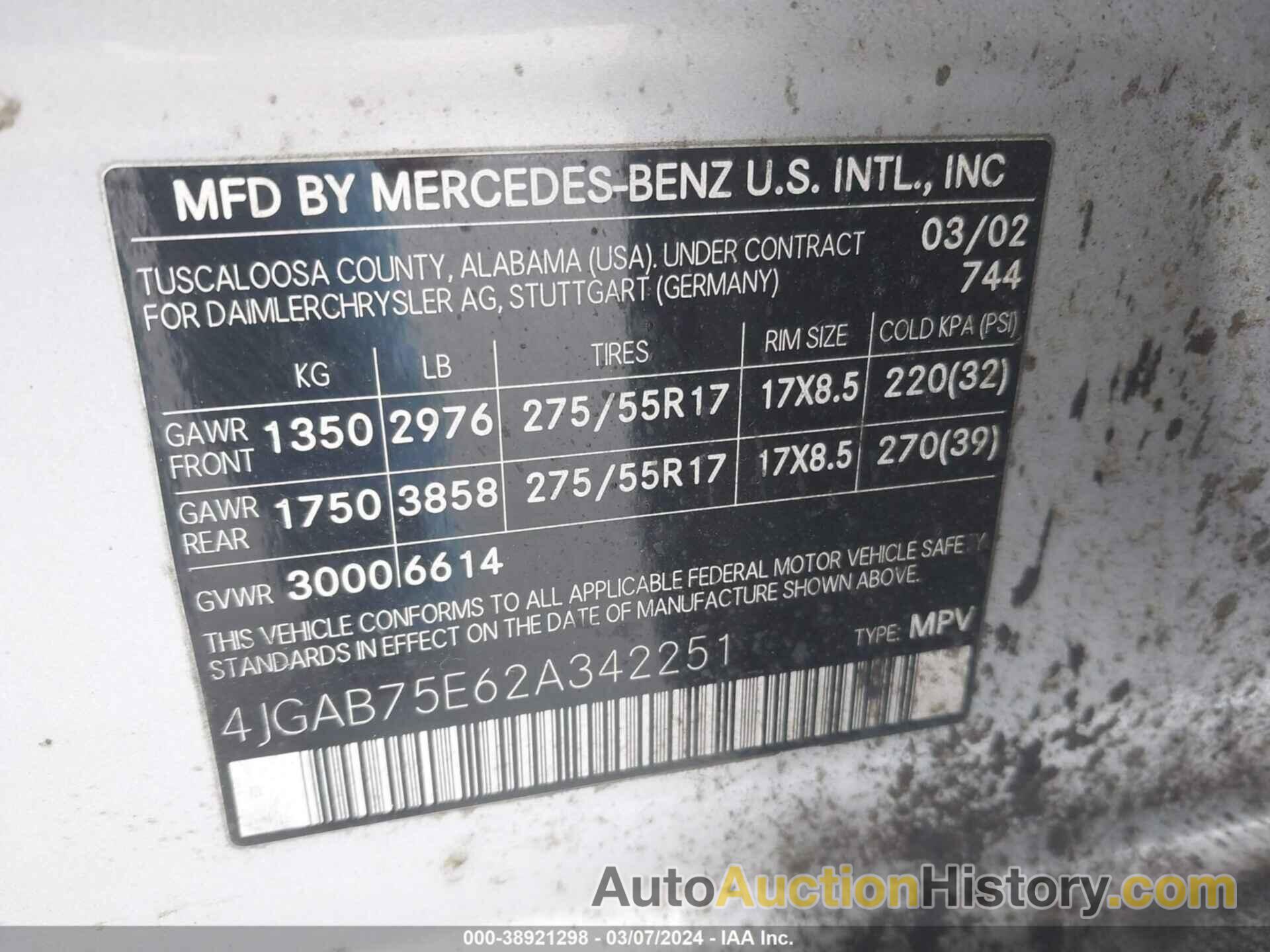 MERCEDES-BENZ ML 500, 4JGAB75E62A342251