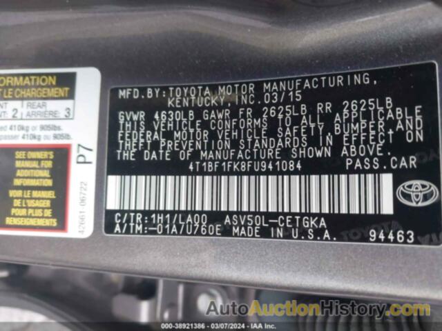 TOYOTA CAMRY XLE, 4T1BF1FK8FU941084