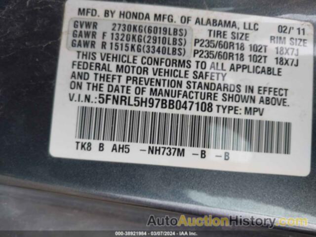 HONDA ODYSSEY TOURING/TOURING ELITE, 5FNRL5H97BB047108