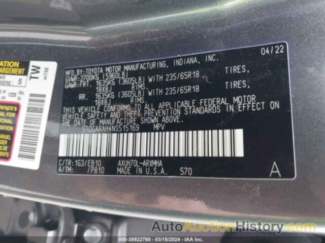 TOYOTA HIGHLANDER HYBRID XLE, 5TDGARAH4NS515169