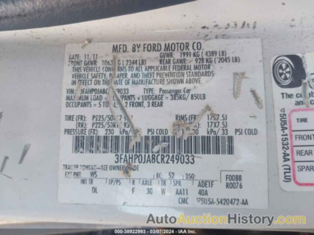 FORD FUSION SEL, 3FAHP0JA8CR249033