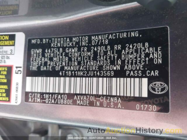 TOYOTA CAMRY LE, 4T1B11HK2JU143569