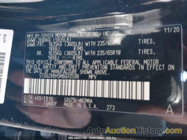 TOYOTA HIGHLANDER XLE, 5TDGZRBH5MS072598