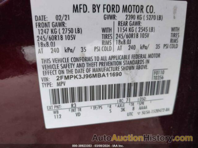 FORD EDGE SEL, 2FMPK3J96MBA11690