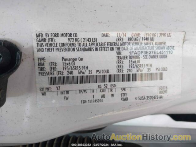 FORD FOCUS S, 1FADP3E27EL451110