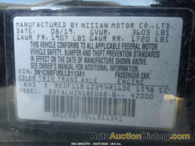 NISSAN VERSA SR XTRONIC CVT, 3N1CN8FV0LL811341