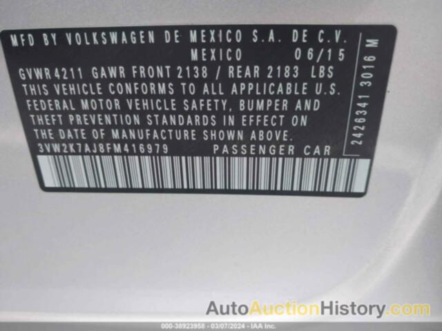 VOLKSWAGEN JETTA 2.0L S, 3VW2K7AJ8FM416979