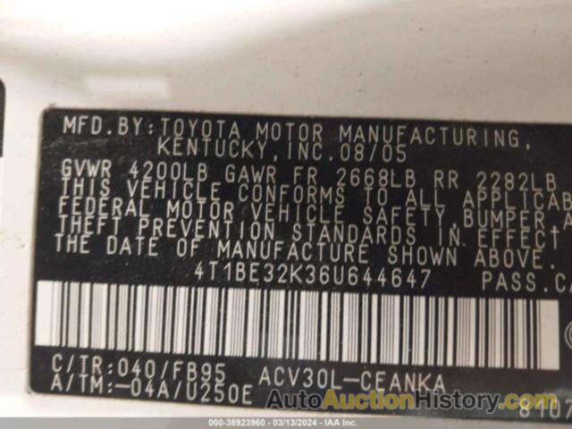 TOYOTA CAMRY LE, 4T1BE32K36U644647