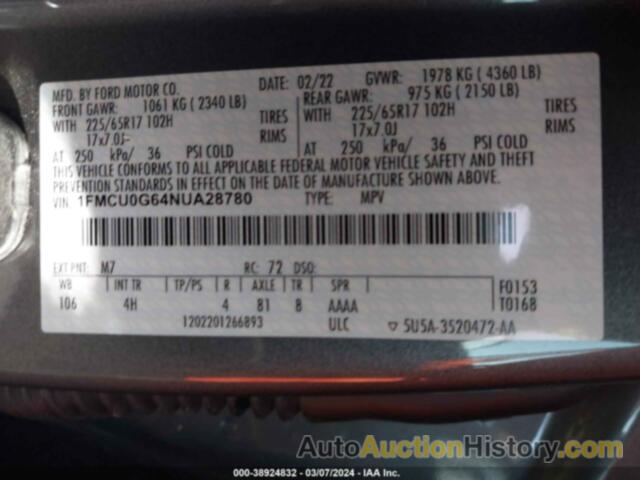 FORD ESCAPE SE, 1FMCU0G64NUA28780