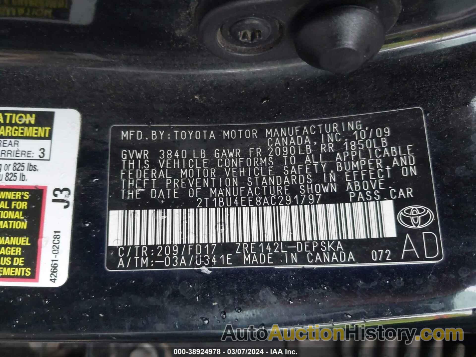 TOYOTA COROLLA S, 2T1BU4EE8AC291797