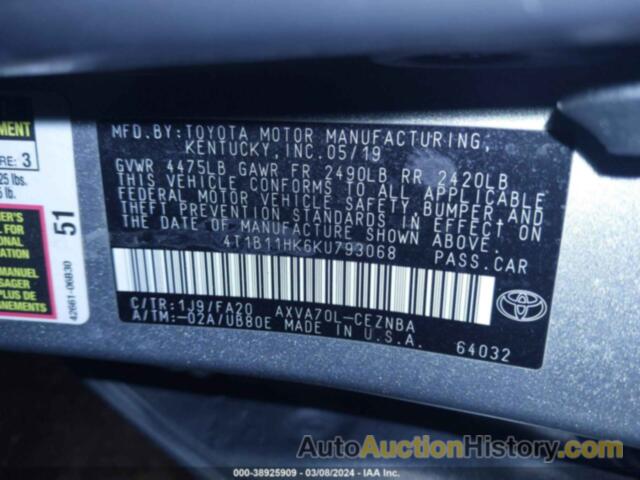 TOYOTA CAMRY L/LE/XLE/SE/XSE, 4T1B11HK6KU793068