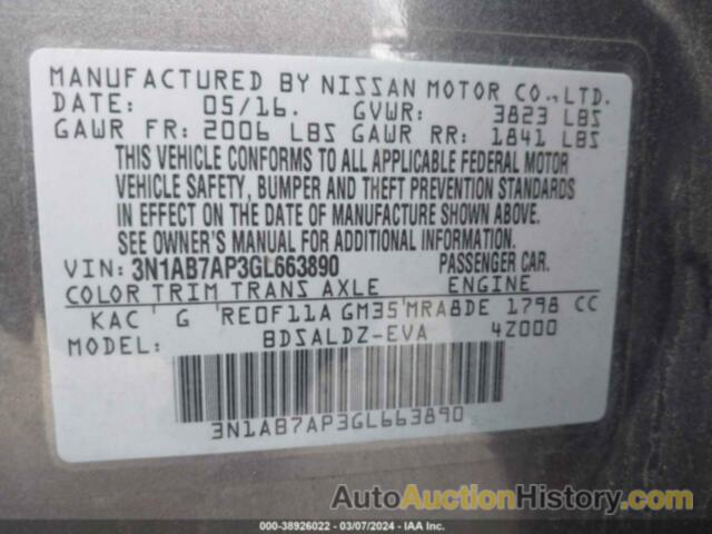 NISSAN SENTRA FE+ S/S/SL/SR/SV, 3N1AB7AP3GL663890