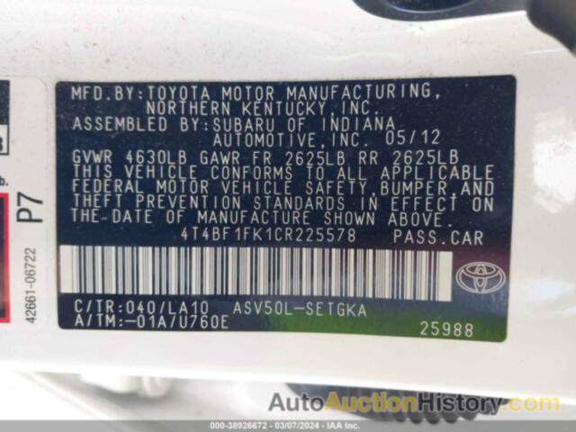 TOYOTA CAMRY XLE, 4T4BF1FK1CR225578
