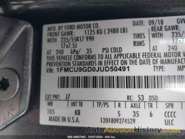 FORD ESCAPE SE, 1FMCU9GD0JUD50491