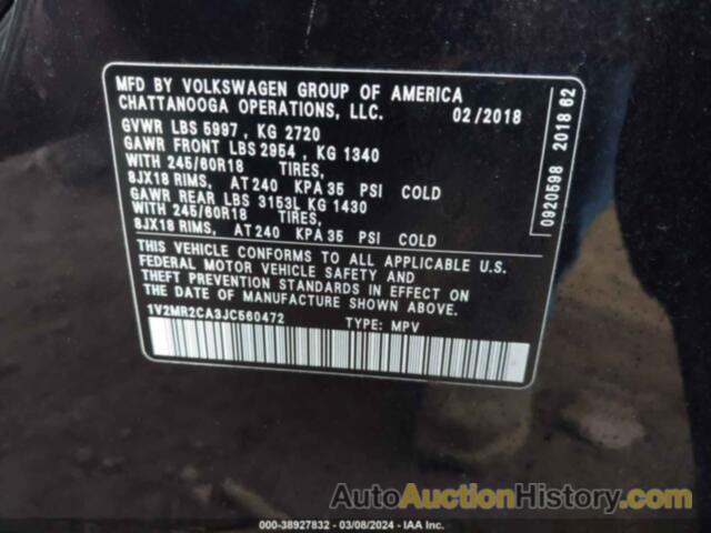 VOLKSWAGEN ATLAS 3.6L V6 SEL, 1V2MR2CA3JC560472