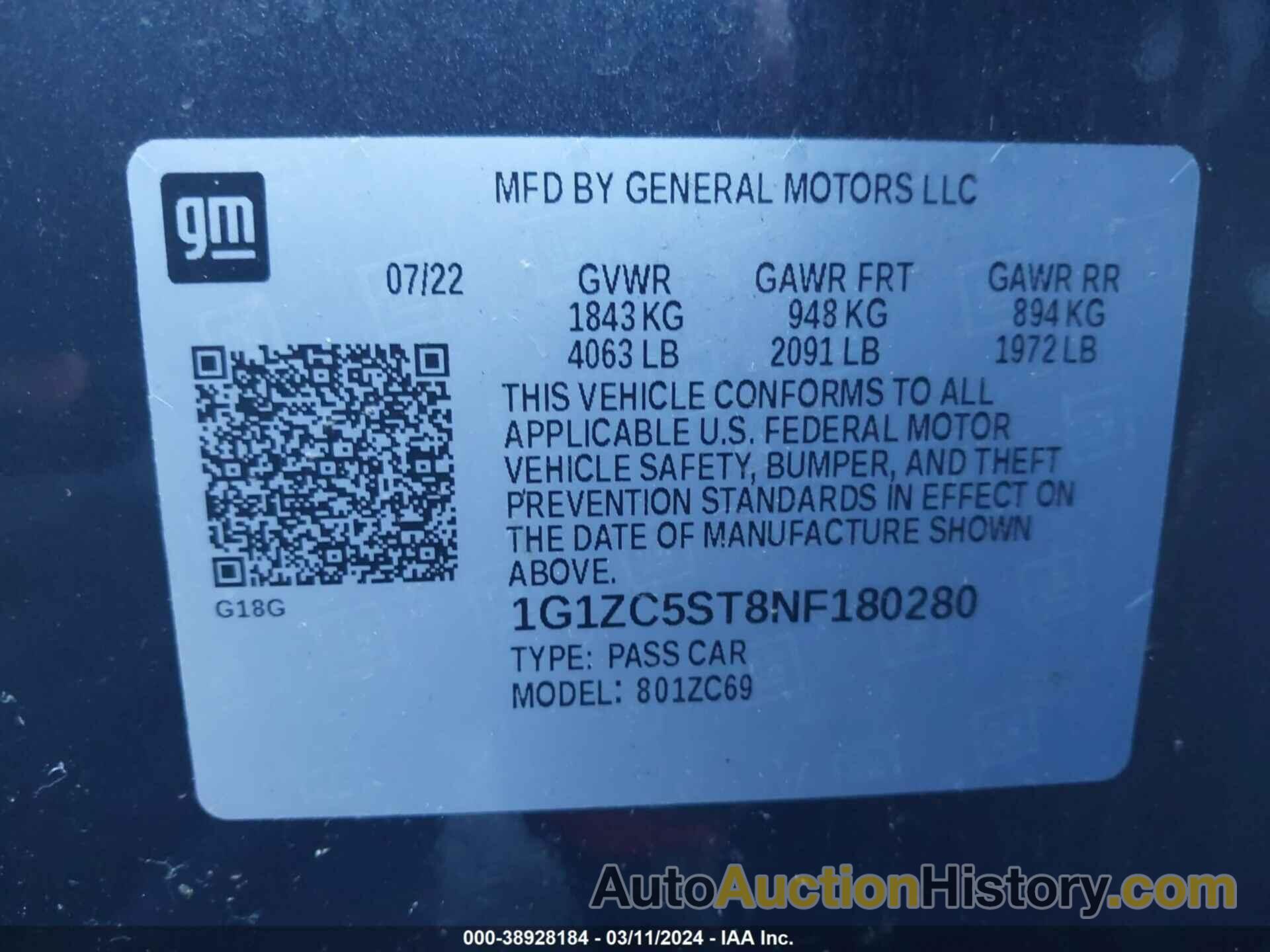 CHEVROLET MALIBU FWD 1FL, 1G1ZC5ST8NF180280