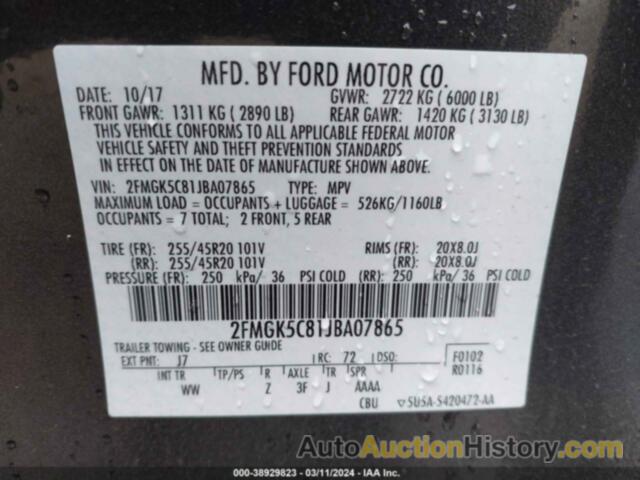 FORD FLEX SEL, 2FMGK5C81JBA07865